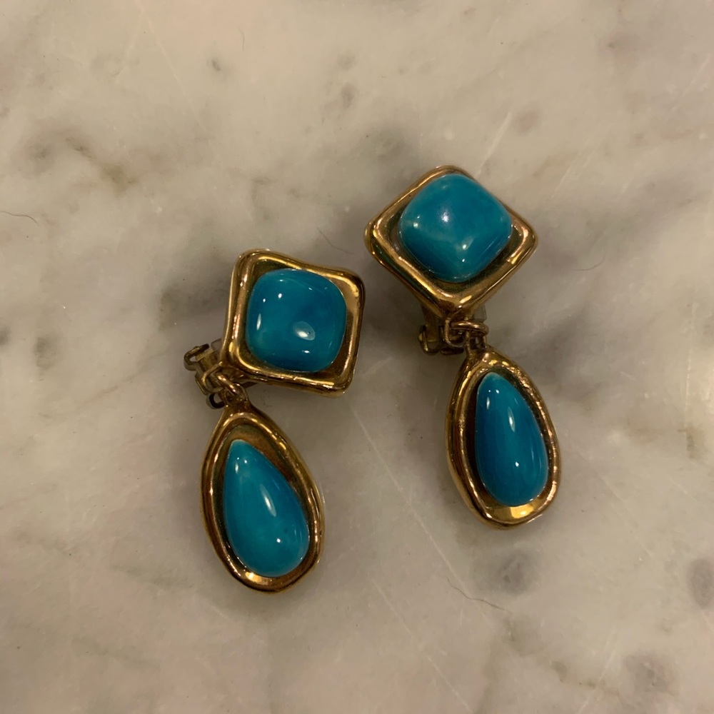 Vintage Blue and Gold Clip On Earrings